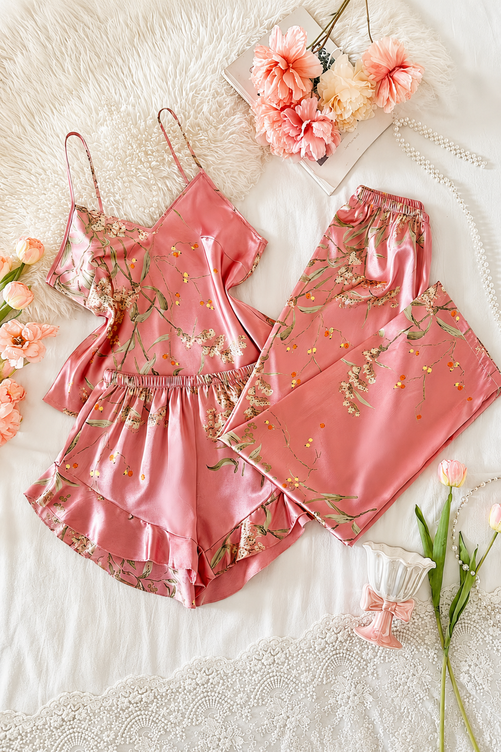 Elain Archeron Floral Satin Pajama Set